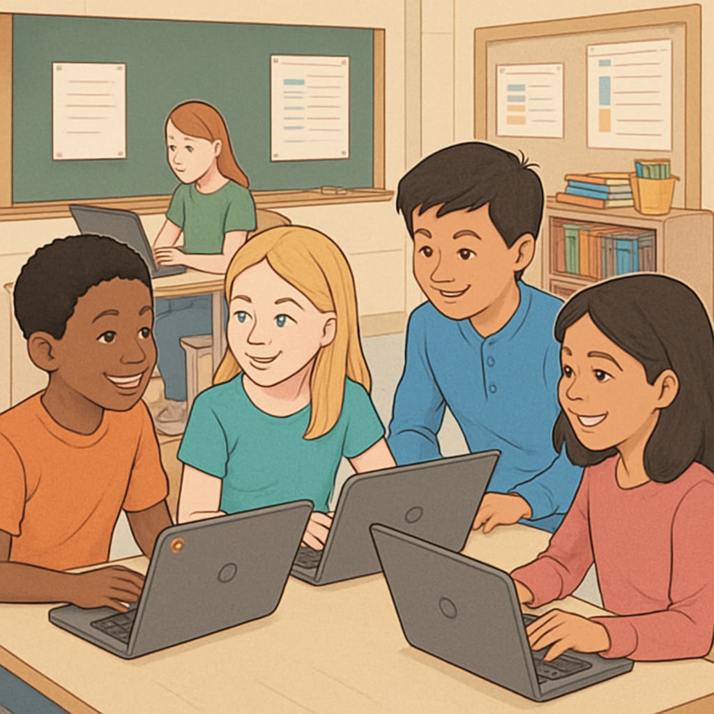 A classroom of students using Chromebooks during a collaborative learning activity. Students using Chromebooks in a classroom to collaborate on a project.