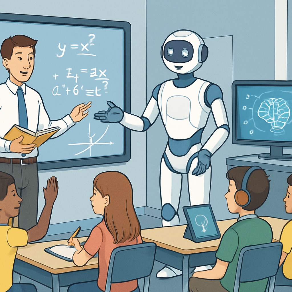 A futuristic classroom where AI tools and a teacher collaborate to educate students. The setting includes interactive screens and students engaging with both the teacher and technology. AI-powered classroom with a teacher guiding students.