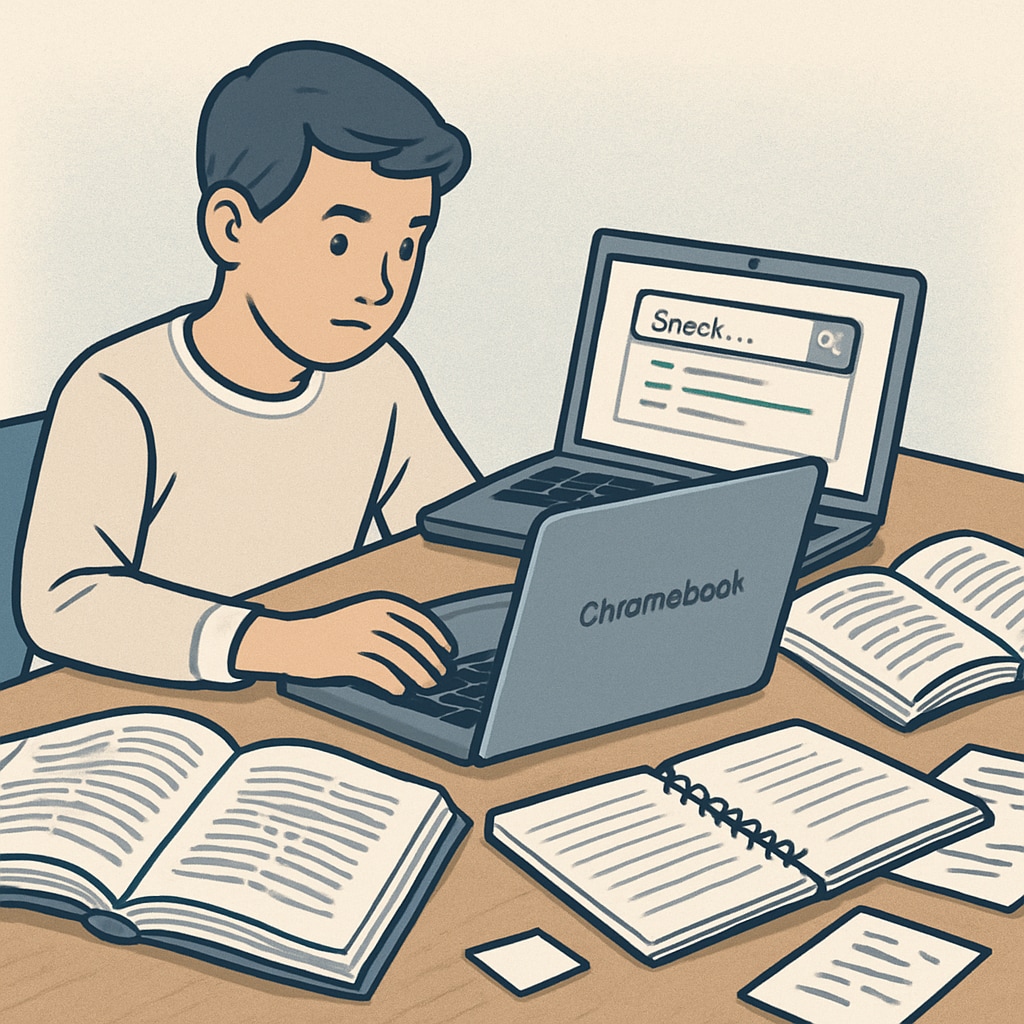 A student using a Chromebook to research a topic, with books and notes spread around for context. A student researching on a Chromebook surrounded by traditional study materials.