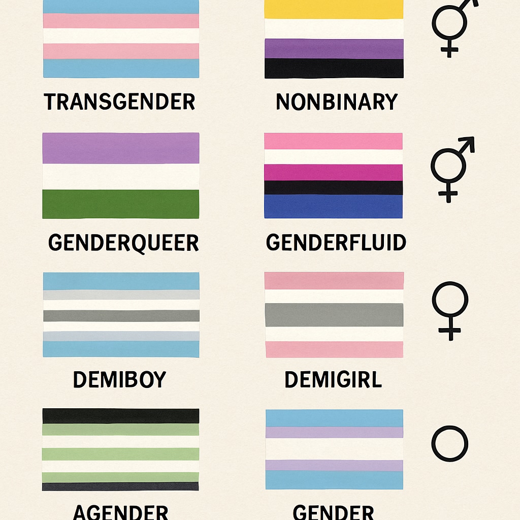 An illustration featuring diverse gender identity flags and symbols to visually represent inclusivity and the spectrum of gender identities. Gender identity flags and symbols representing inclusion and diversity, relevant to the challenges faced by transgender students.