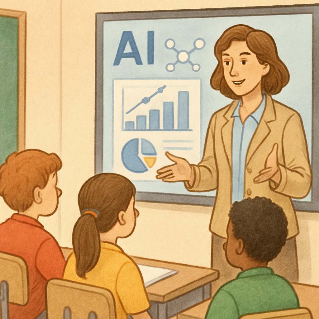 A teacher interacting with students while AI tools display data-driven insights in the background. The image illustrates a hybrid teaching model. Teacher using AI tools to assist student learning.
