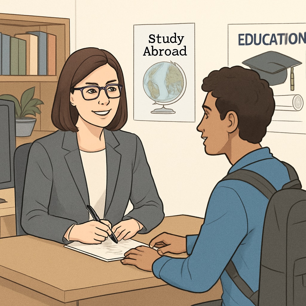 A professional counselor discussing study abroad plans with a student in an office setting. Study abroad agency counselor assisting a student with U.S. master’s degree plans.