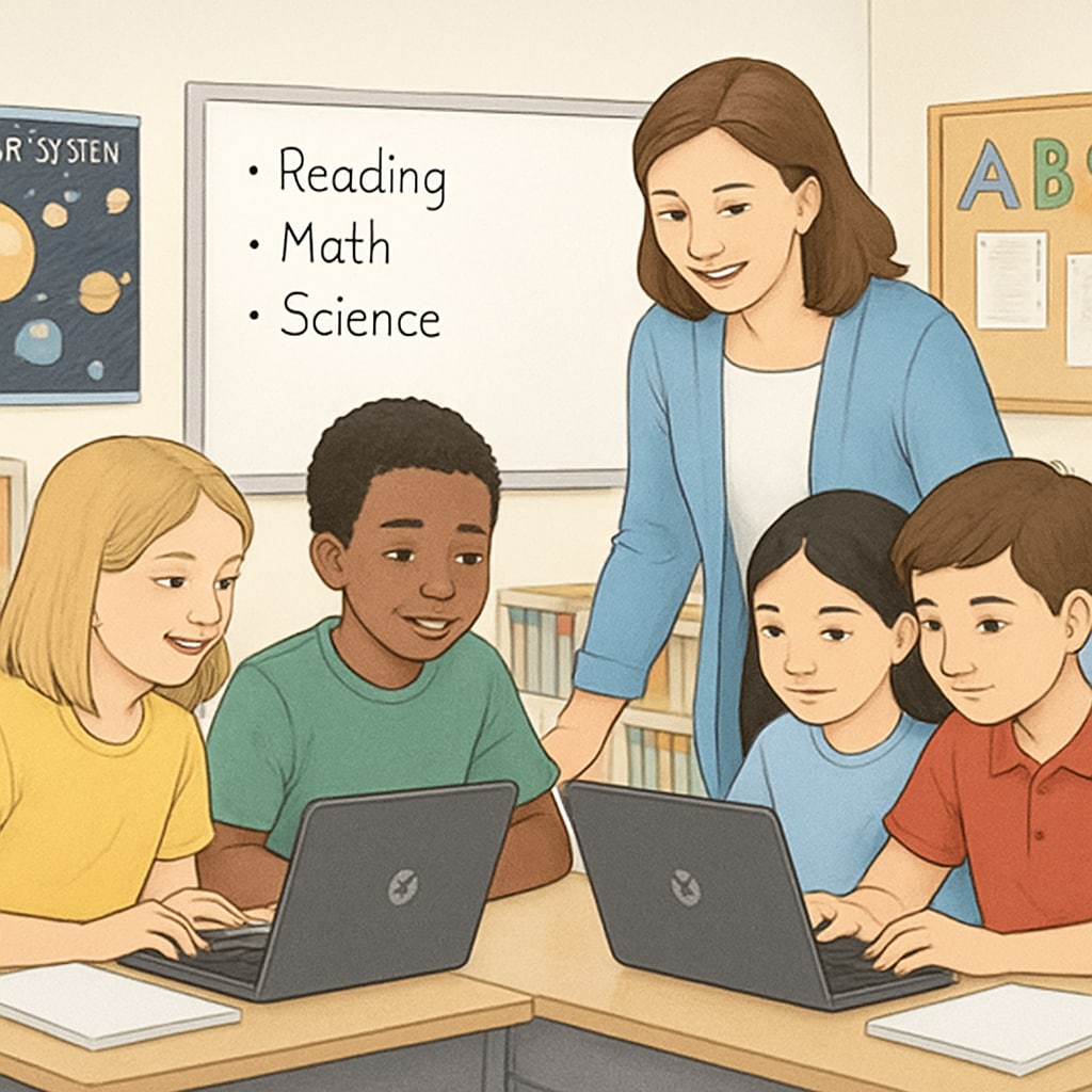 A classroom of students using Chromebooks, with a teacher guiding them through a collaborative activity. Students and teacher working in a classroom setting with Chromebooks, demonstrating educational technology.