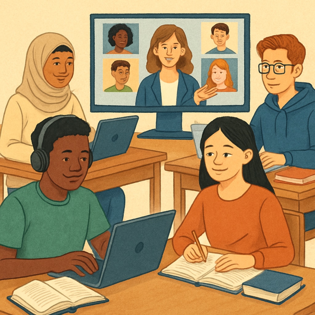 A diverse group of international students studying online, showcasing the flexibility and accessibility of US online high school programs. International students using online platforms for high school education.