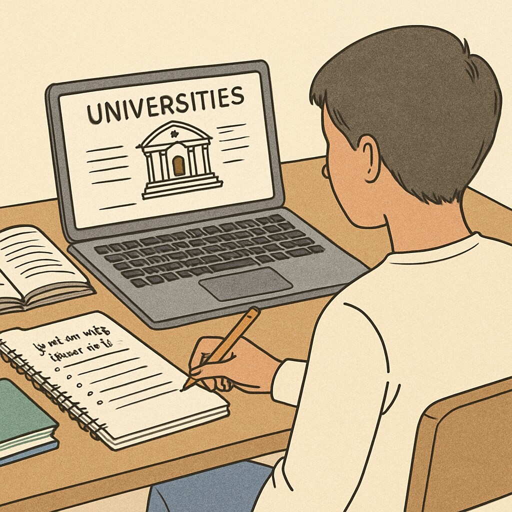 A student researching universities online with notes and a laptop on a desk. Student preparing self-application for U.S. master’s degree programs.