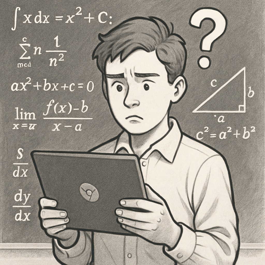 A student holding a Chromebook, appearing confused while solving a complex problem. A student using a Chromebook, reflecting on a challenging problem, highlighting critical thinking.