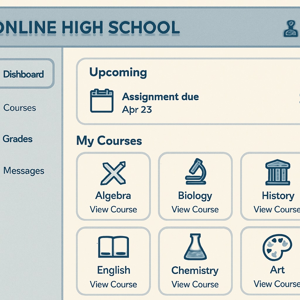 A screenshot of an online high school dashboard, highlighting user-friendly navigation and available course options. Online high school dashboard with course options and tools for students.