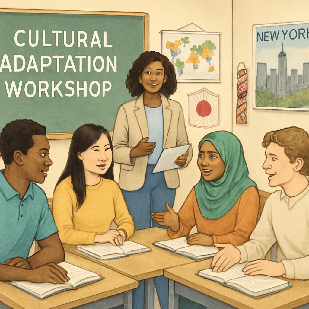 A diverse group of international students attending a cultural adaptation workshop in New York City. International students at a cultural adaptation workshop in New York.
