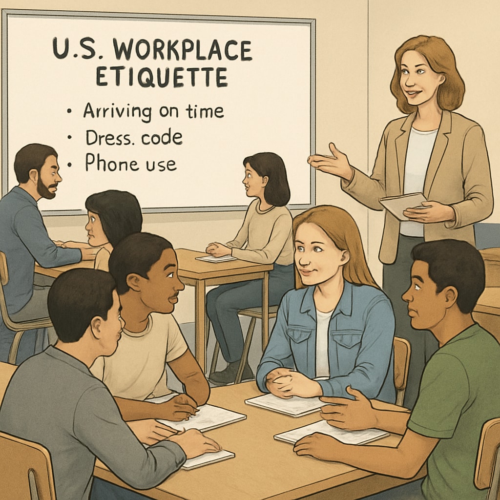 An ESL class in progress, showing students engaged in a discussion about U.S. workplace etiquette. Students discussing workplace etiquette in an ESL class.