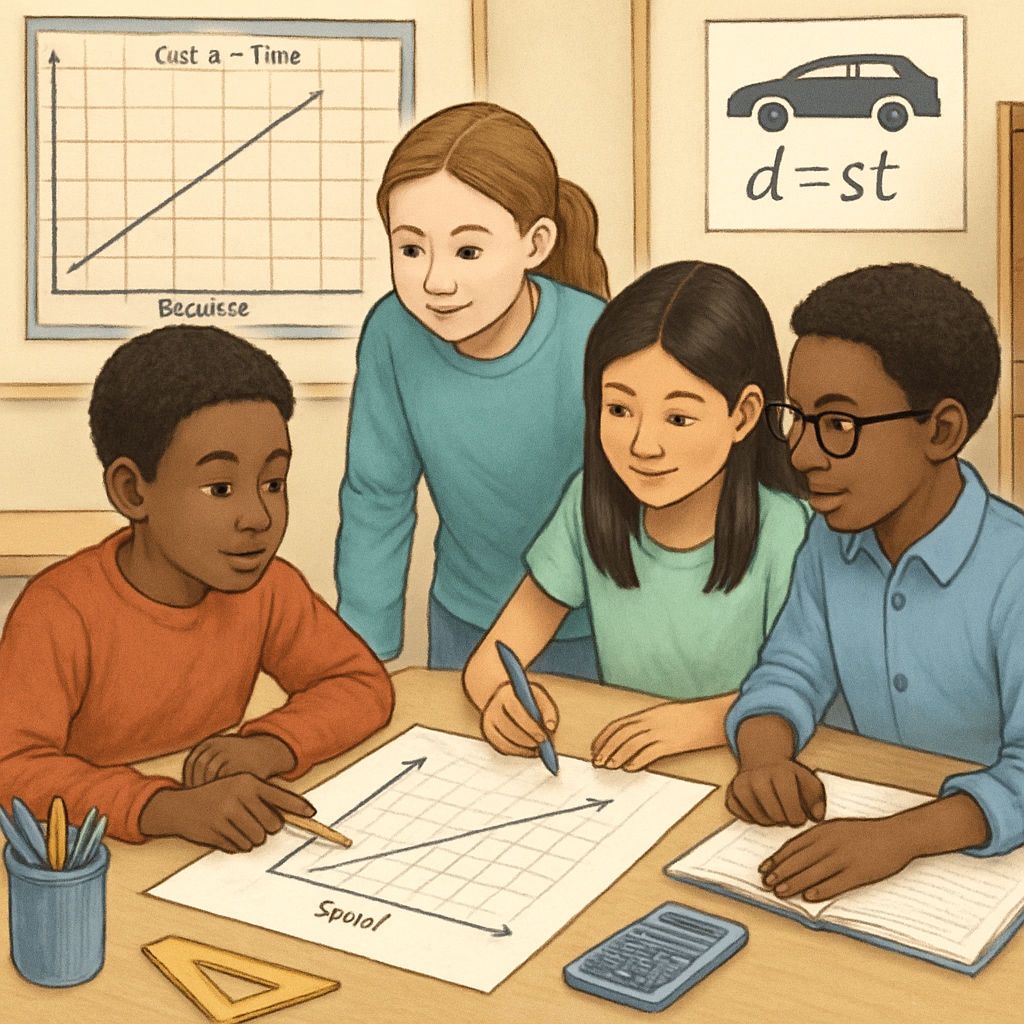 A diverse group of students engaging in a math activity that connects to real-world applications. Students learning real-world math applications in an engaging classroom setting.