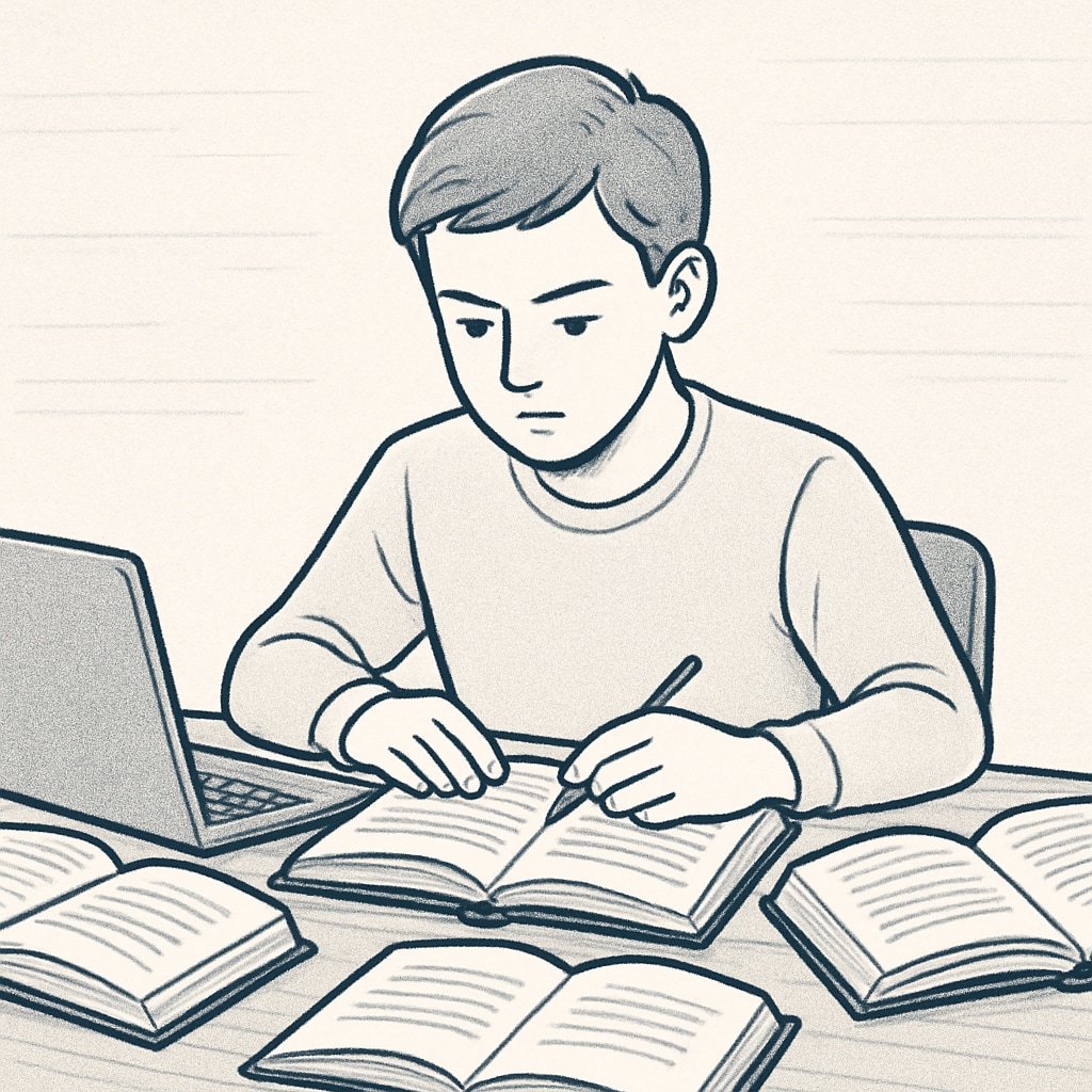 A student studying with books and a laptop to improve their academic skills. A student working on academics to prepare for study abroad plans.