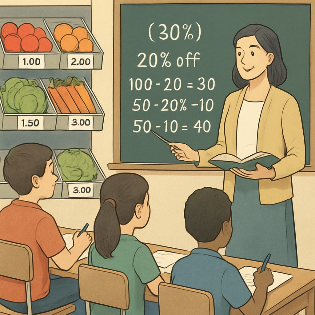 A teacher using grocery shopping scenarios to teach students about percentages and discounts. Educator demonstrating math concepts using shopping examples.