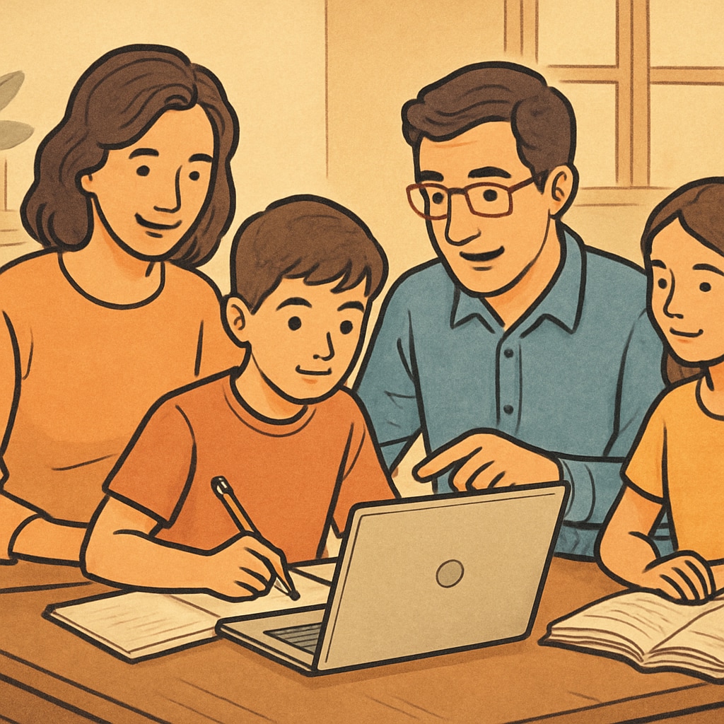 A family gathered around a dining table, with a child completing an online assignment while the parent provides guidance. Highlights the family-friendly aspect of online education. Family supporting a child’s online public education at home.