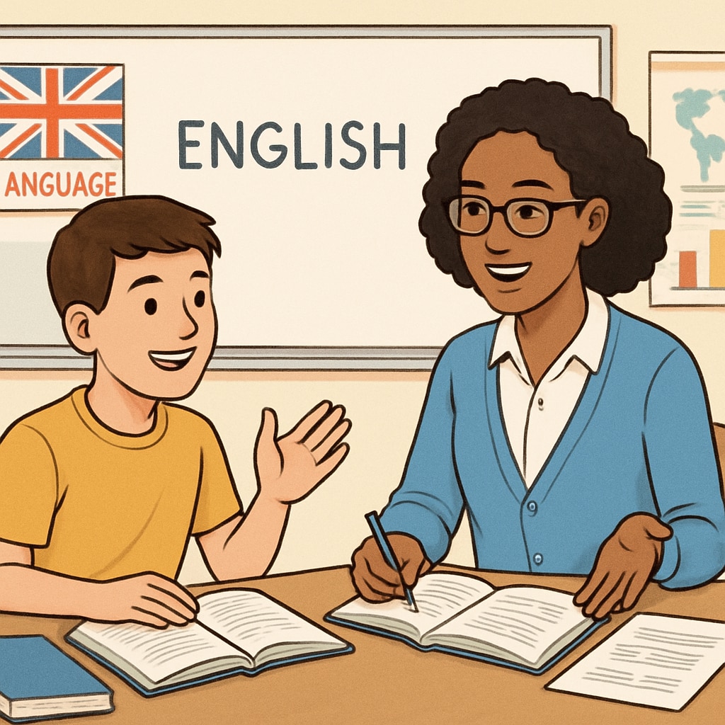 A student practicing English communication with a tutor or in a classroom setting. A student improving English skills for study abroad.