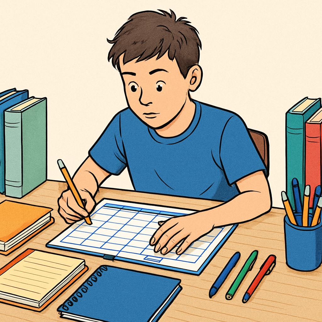 A high school student with ADHD organizing their study materials, emphasizing focus and planning. ADHD high school student organizing study materials for credit recovery.