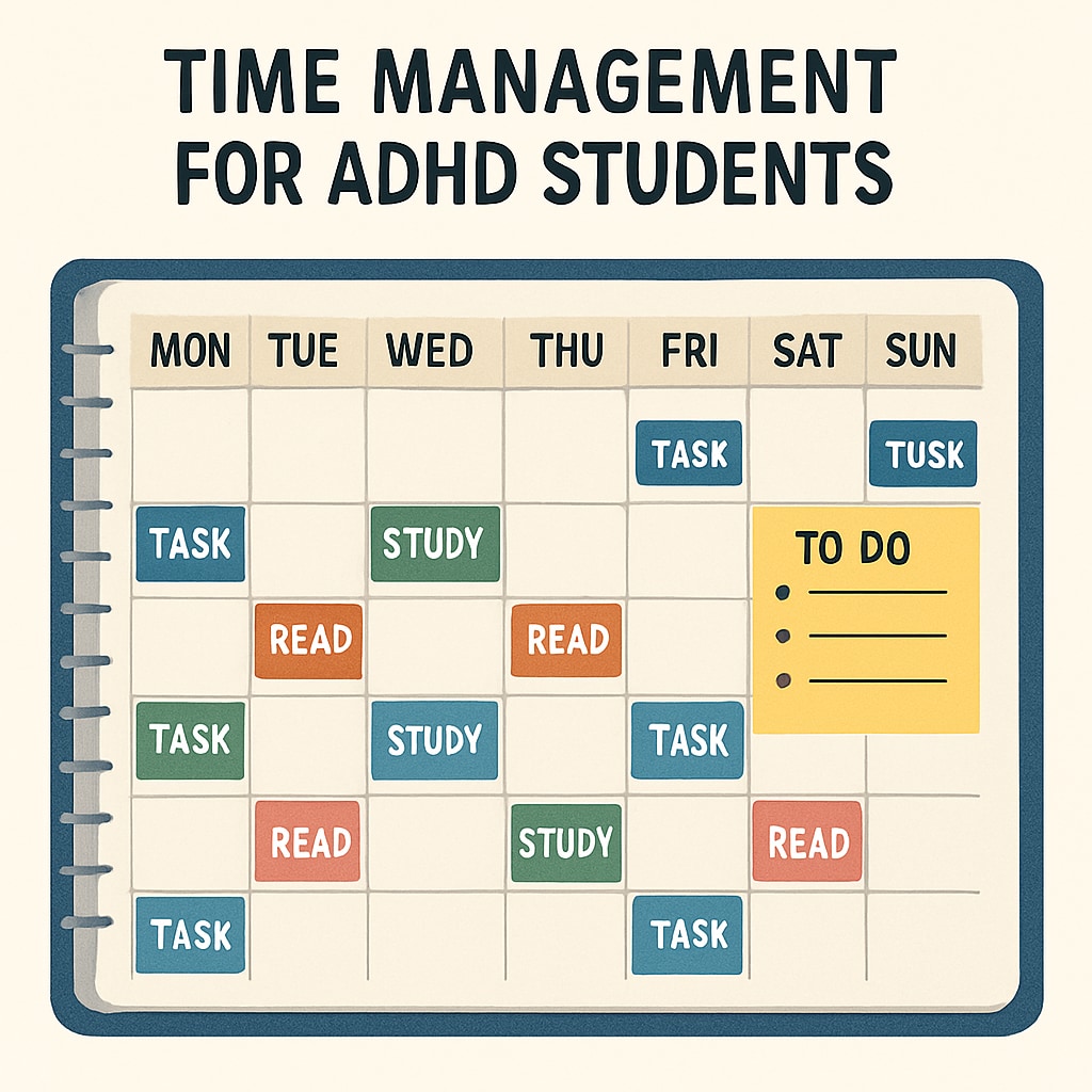 A planner or calendar with color-coded tasks, symbolizing effective time management for ADHD students. Color-coded planner illustrating time management strategies for ADHD students.