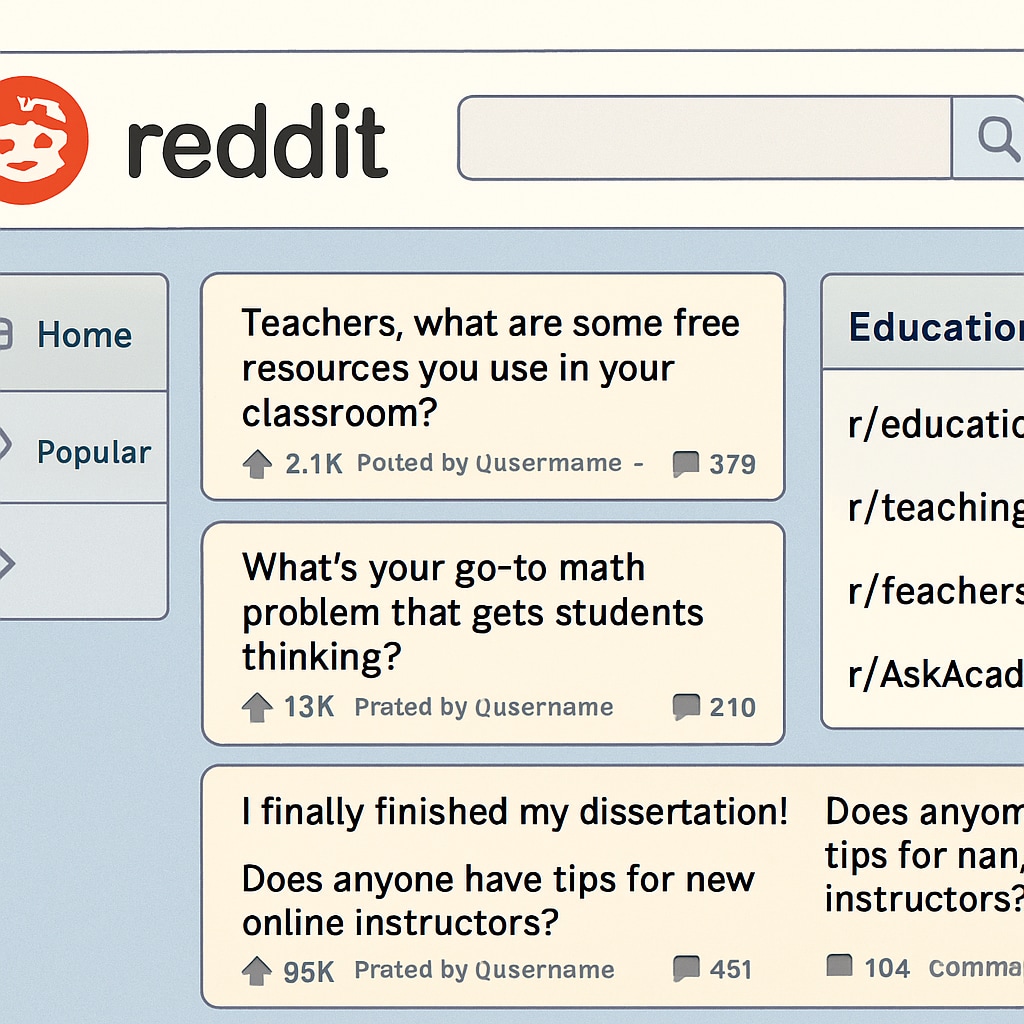 A screenshot of the Reddit homepage showcasing education-related subreddits and threads. Reddit homepage featuring education subreddits, highlighting its navigation for teachers.
