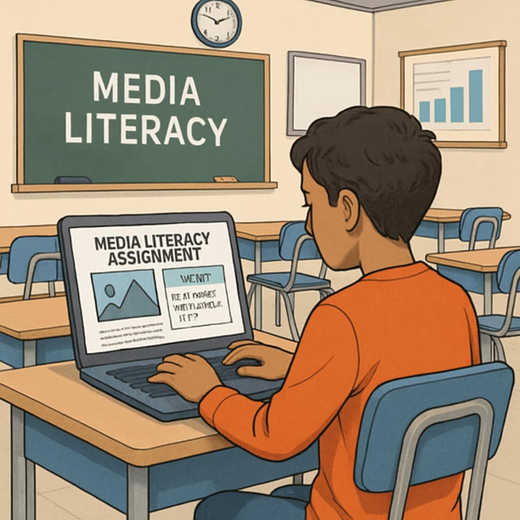 A student using an AI tool on a laptop to complete a media literacy assignment in a classroom setting. Student using AI for media literacy education.