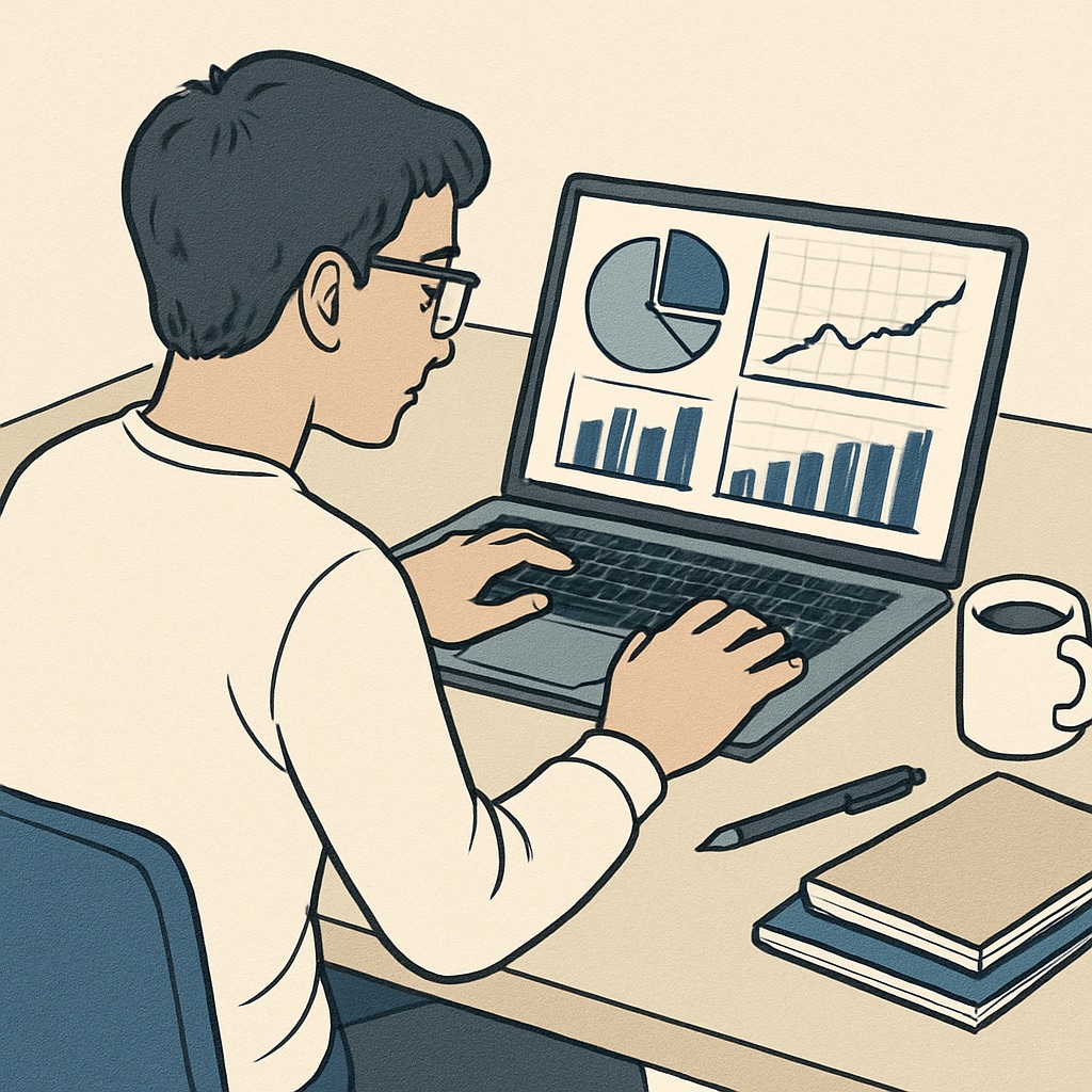 A college student working on a laptop, analyzing data with charts and graphs visible on the screen. College student analyzing data and graphs, exploring practical applications of mathematics.