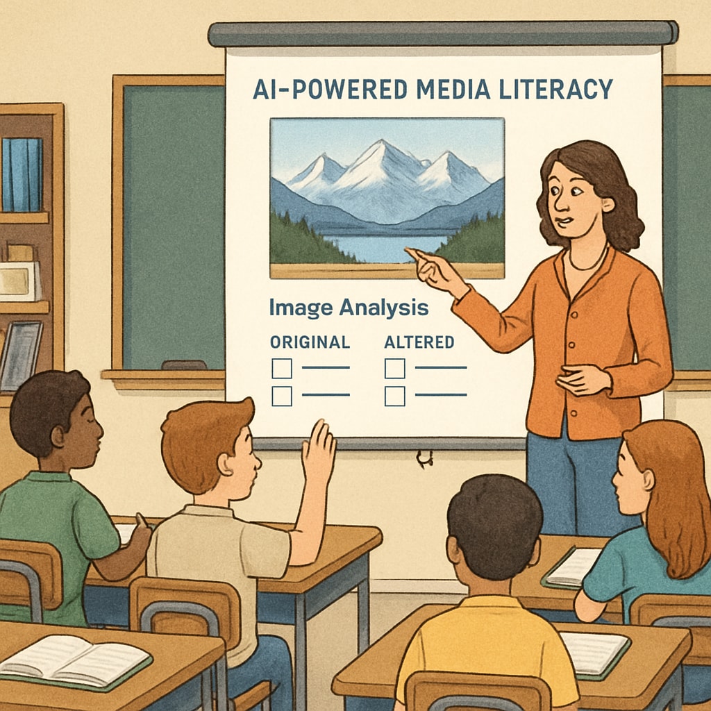 A teacher guiding students through an AI-powered media literacy exercise involving image analysis on a projector. Teacher using AI tools for media literacy in class.