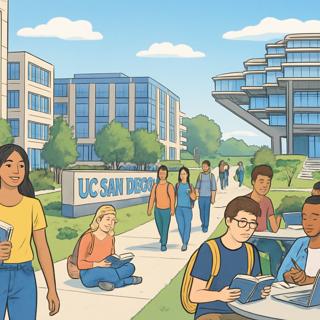 A modern university campus with students walking and studying, representing UC San Diego's expanded infrastructure. UC San Diego campus with students, reflecting its expansion and higher education growth.