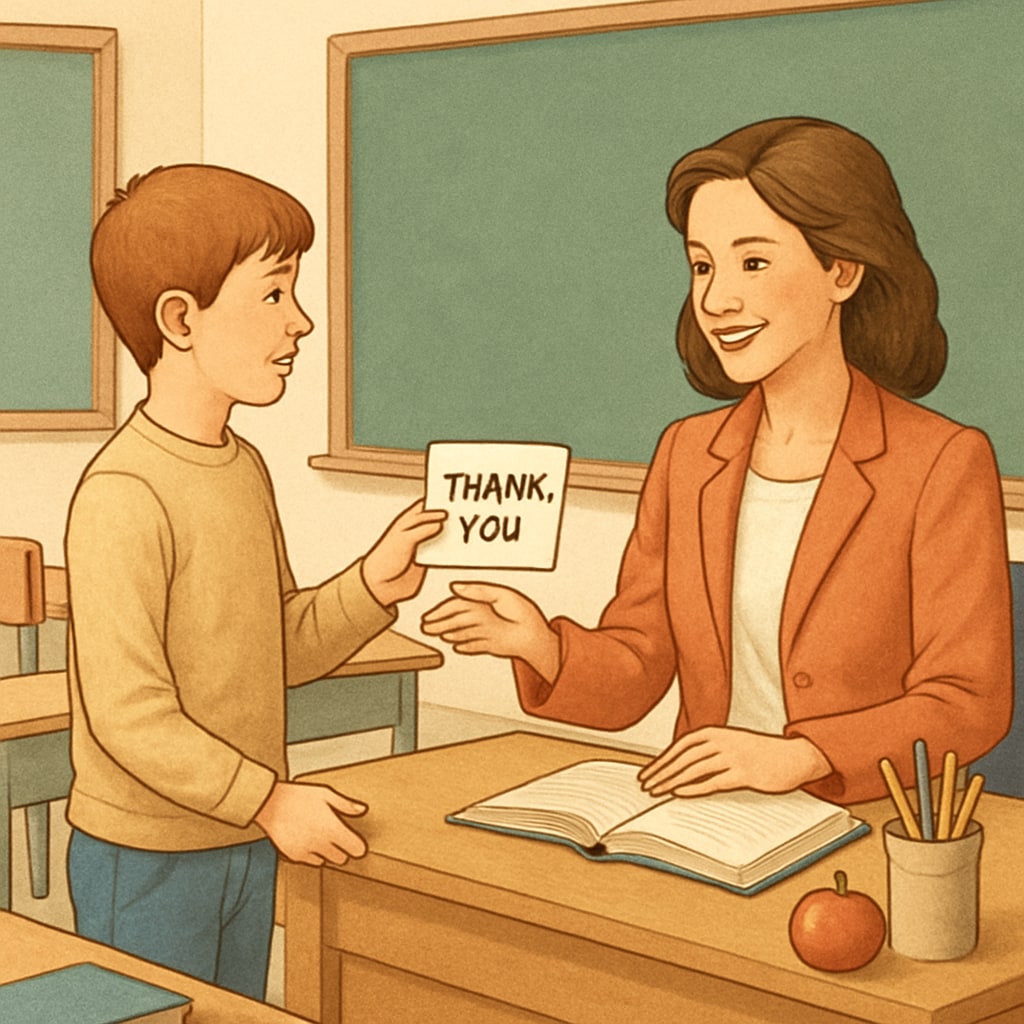A warm scene of a student handing a thank-you note to a teacher in a classroom. A student handing a thank-you note to their teacher, symbolizing student gratitude.