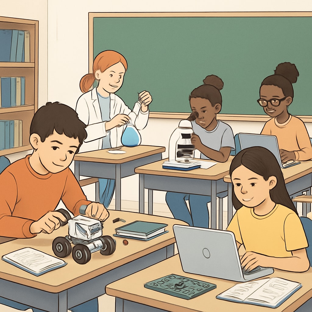 A classroom with students engaged in STEM activities, highlighting the importance of early academic preparation for higher education. Students in a classroom working on STEM projects, illustrating K-12 preparation for college.
