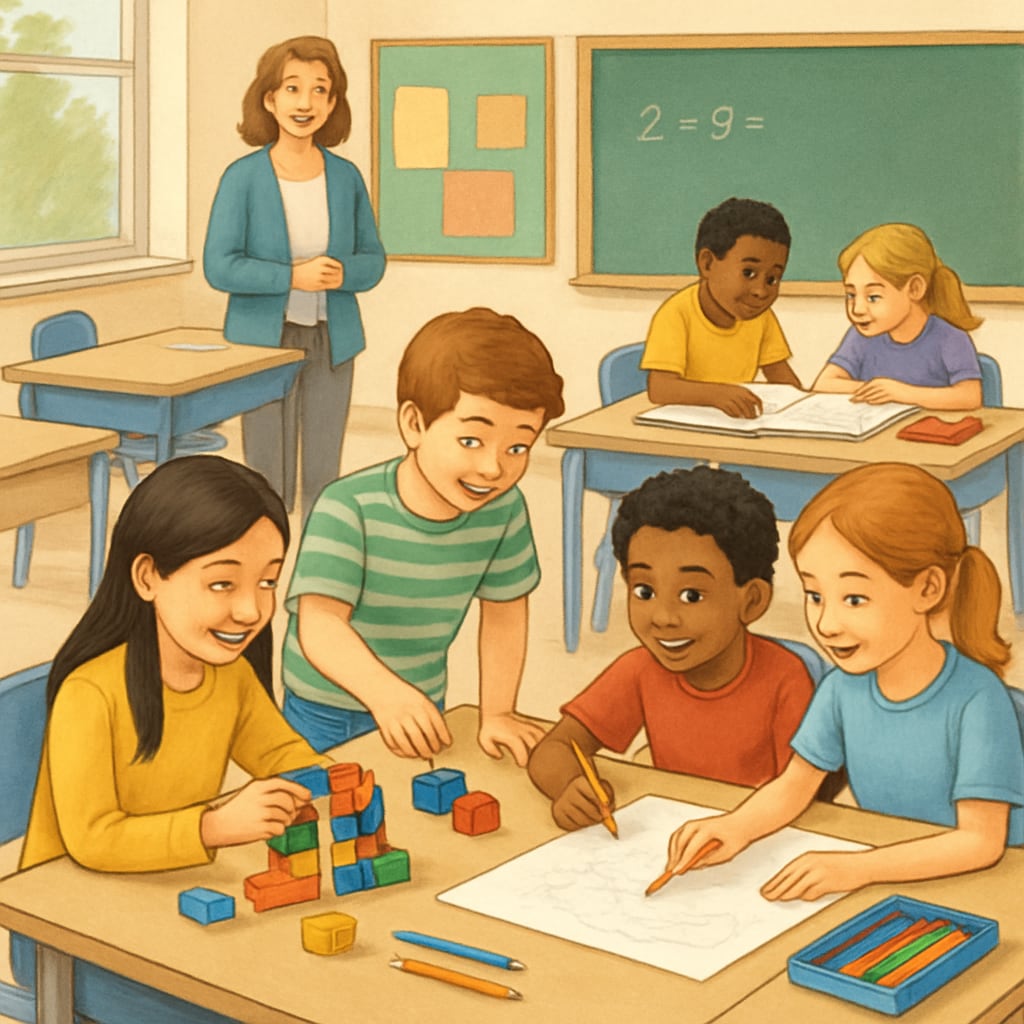 A classroom setting where students are engaging in group activities, showcasing collaboration and creativity. Students participating in group activities to highlight holistic learning over grades.