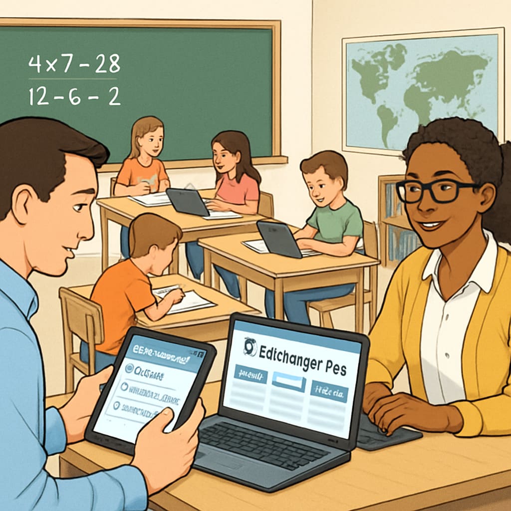 A vibrant image showcasing teachers using EdChanger Pro on tablets and laptops in a modern classroom setting. Teachers utilizing EdChanger Pro,教师工具,教育应用(英文) for lesson planning and classroom management.