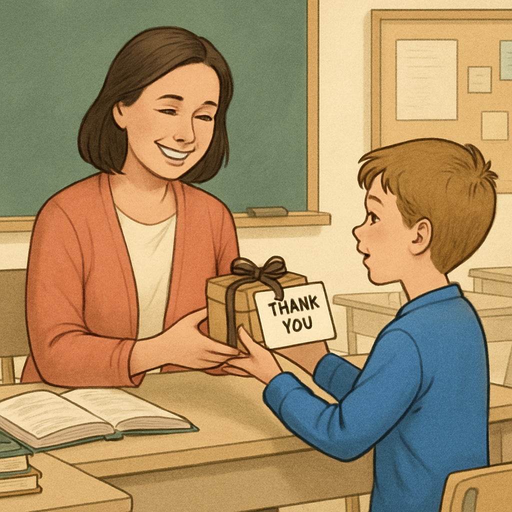 A teacher smiling as a student hands them a small gift with a thank-you card attached. A teacher receiving a thoughtful gift from a student as a token of gratitude.