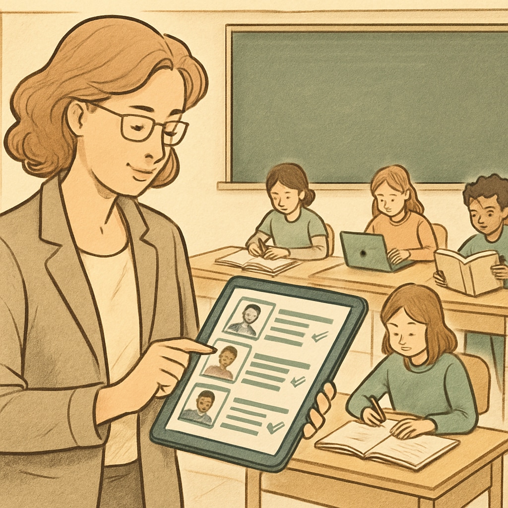 A teacher using a tablet to track individual student progress in real-time, emphasizing personalized learning. Real-time tracking of student progress through technology in K12 education.
