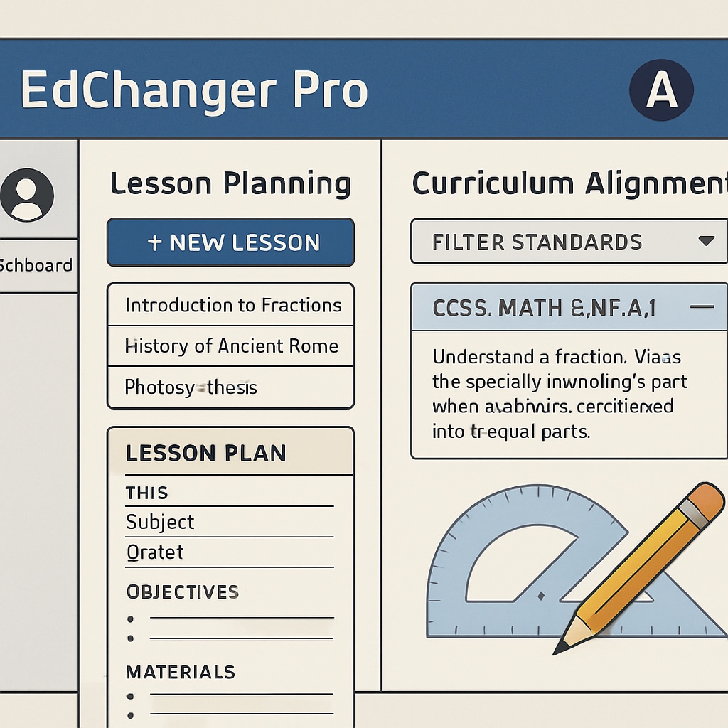 An interactive dashboard of EdChanger Pro displaying lesson planning tools and curriculum alignment features on a digital screen. EdChanger Pro dashboard featuring tools for lesson planning and curriculum alignment.