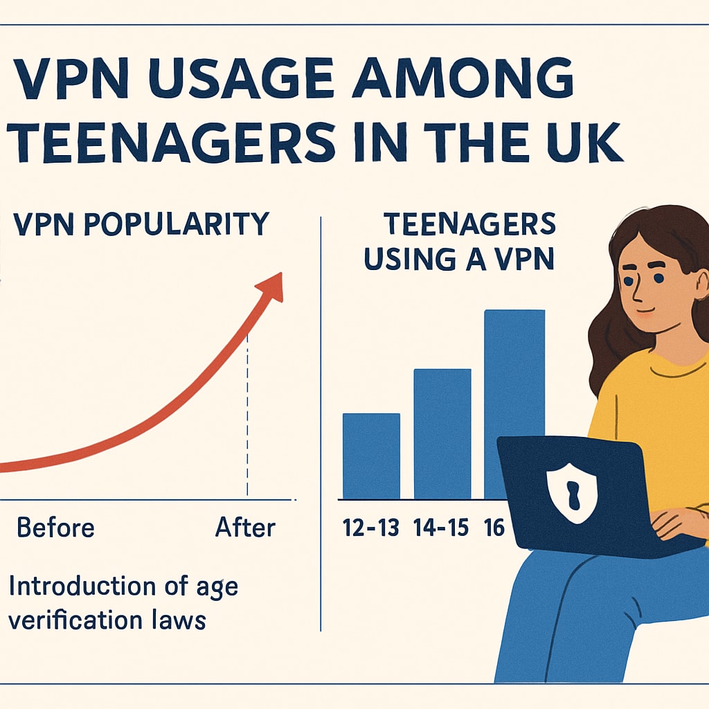 A visual representation of VPN usage trends among teenagers in the UK, with charts or graphs illustrating the rise in popularity after the introduction of age verification laws. VPN usage trends among teens in the UK after age verification laws