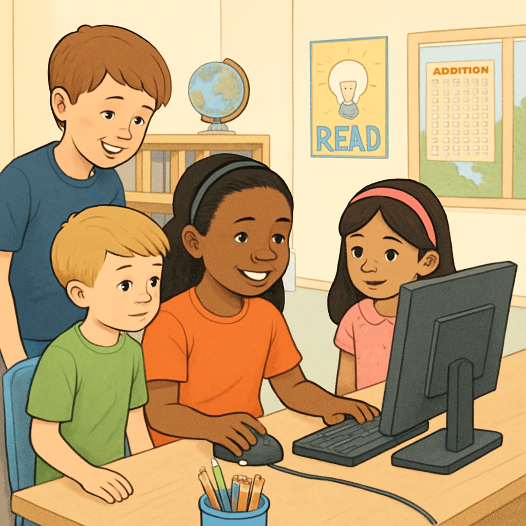 A group of fourth-grade and kindergarten students collaborating on a computer activity in a classroom setting. Fourth-grade and kindergarten students working together on a computer-based project.