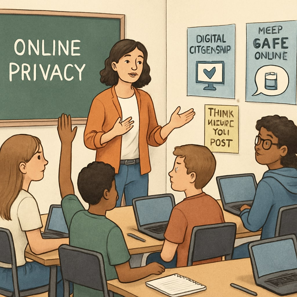 An educational workshop setting where teens are learning about online privacy, digital citizenship, and responsible internet use. Teens learning about online privacy and responsible internet use