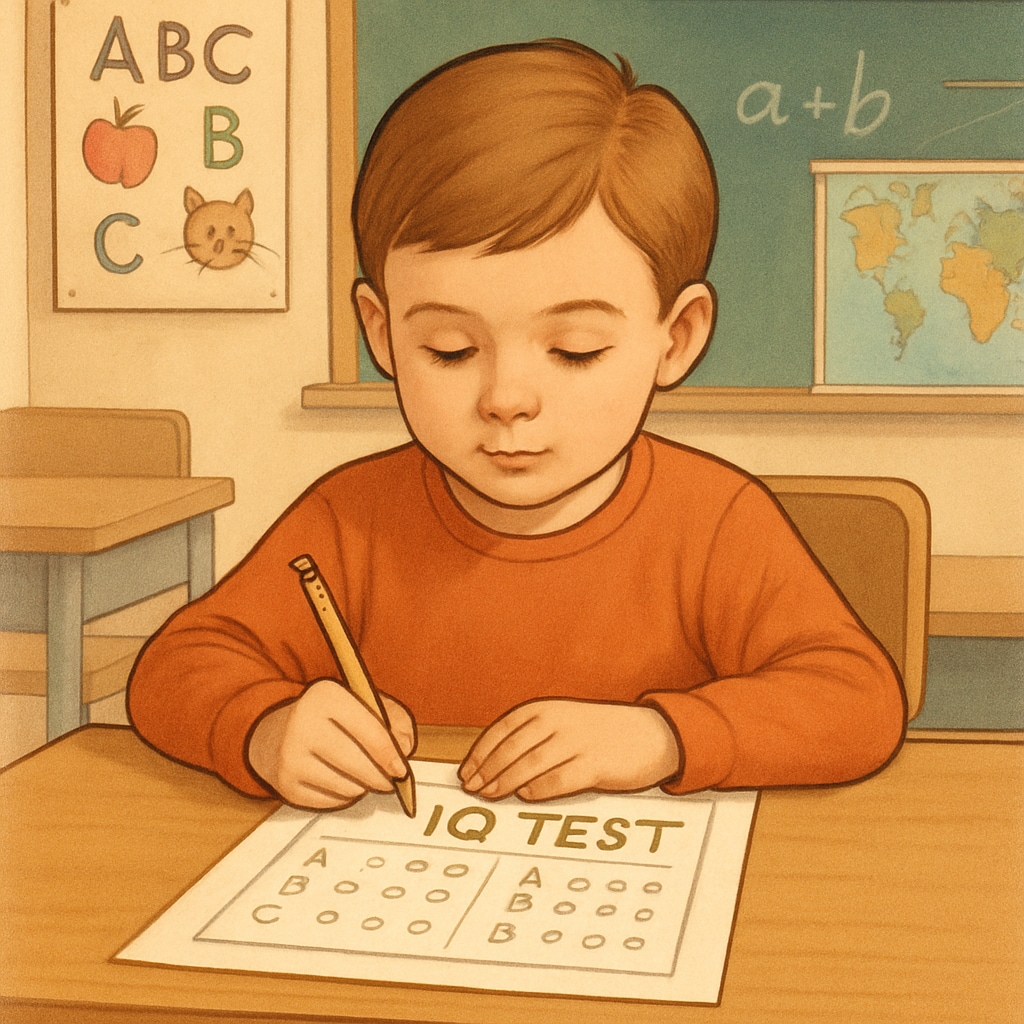 A young child taking a standardized IQ test in a classroom setting. Child taking CogAT test for gifted assessment.