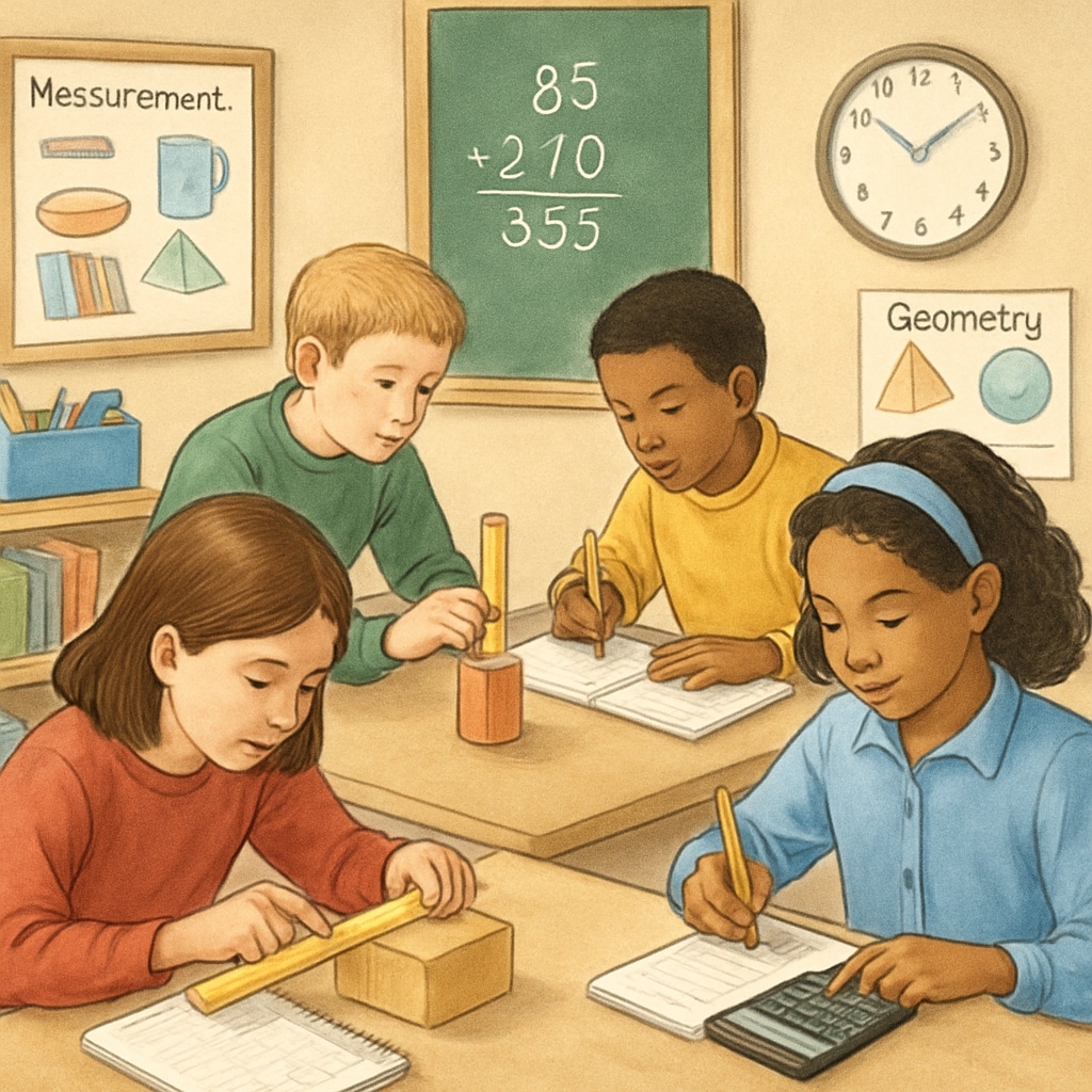 Students engaging in a hands-on activity, such as measuring objects or calculating budgets, to demonstrate real-world math applications. Students solving real-world math problems during an interactive learning session.