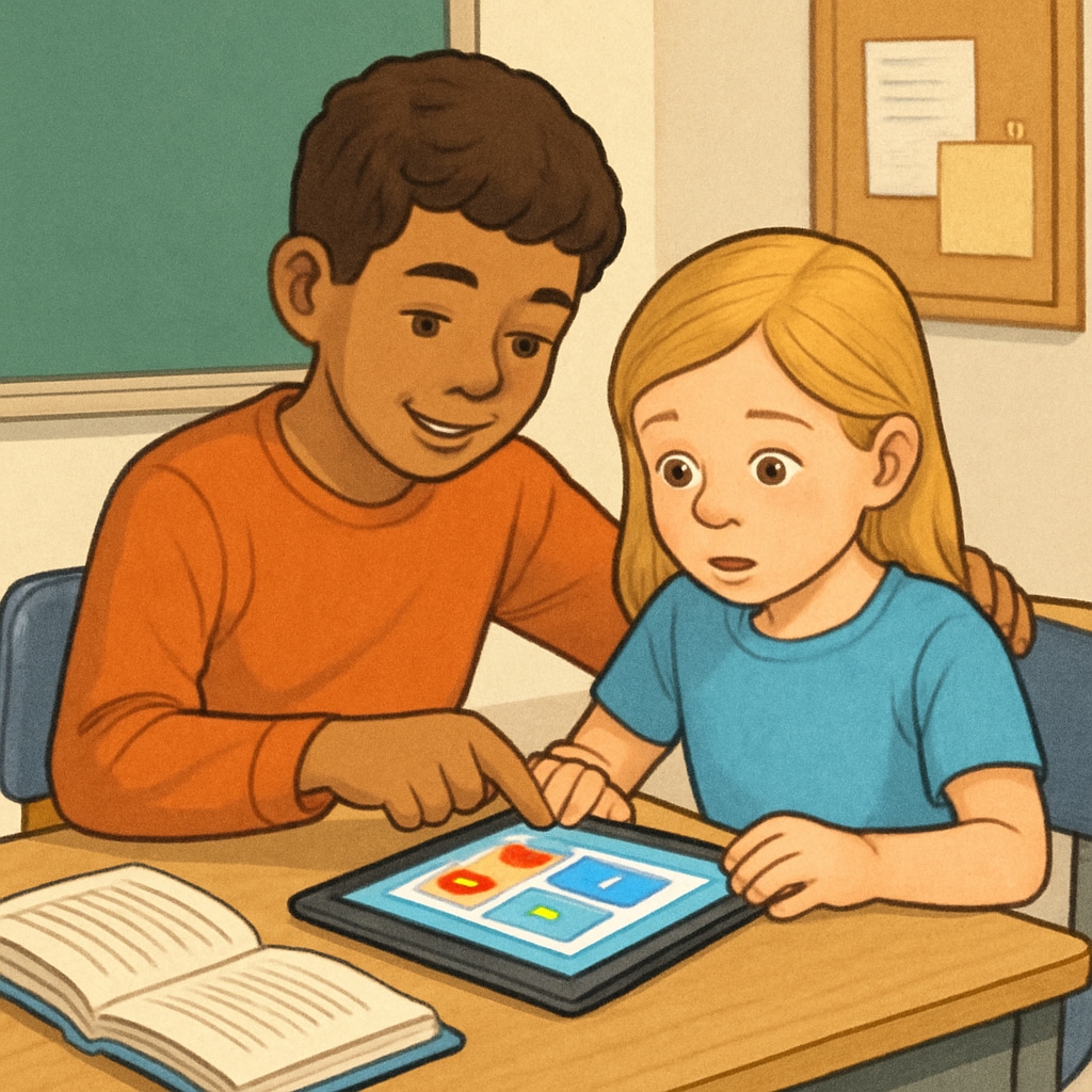 A fourth grader helping a kindergarten student navigate an educational app on a tablet. Fourth grader guiding a kindergarten student on a tablet during a learning activity.