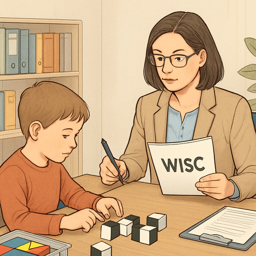 A psychologist administering the WISC test to a young child in a quiet office environment. Psychologist conducting WISC test for gifted child evaluation.