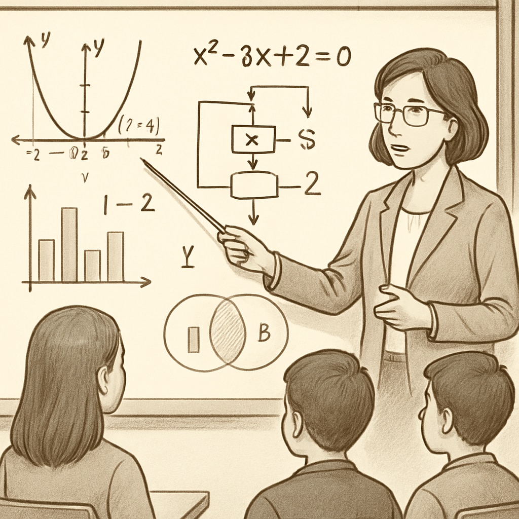 A teacher explaining a complex math problem to students using visual aids, such as graphs or charts, to illustrate logical reasoning. Teacher guiding students through logical reasoning with visual math aids.