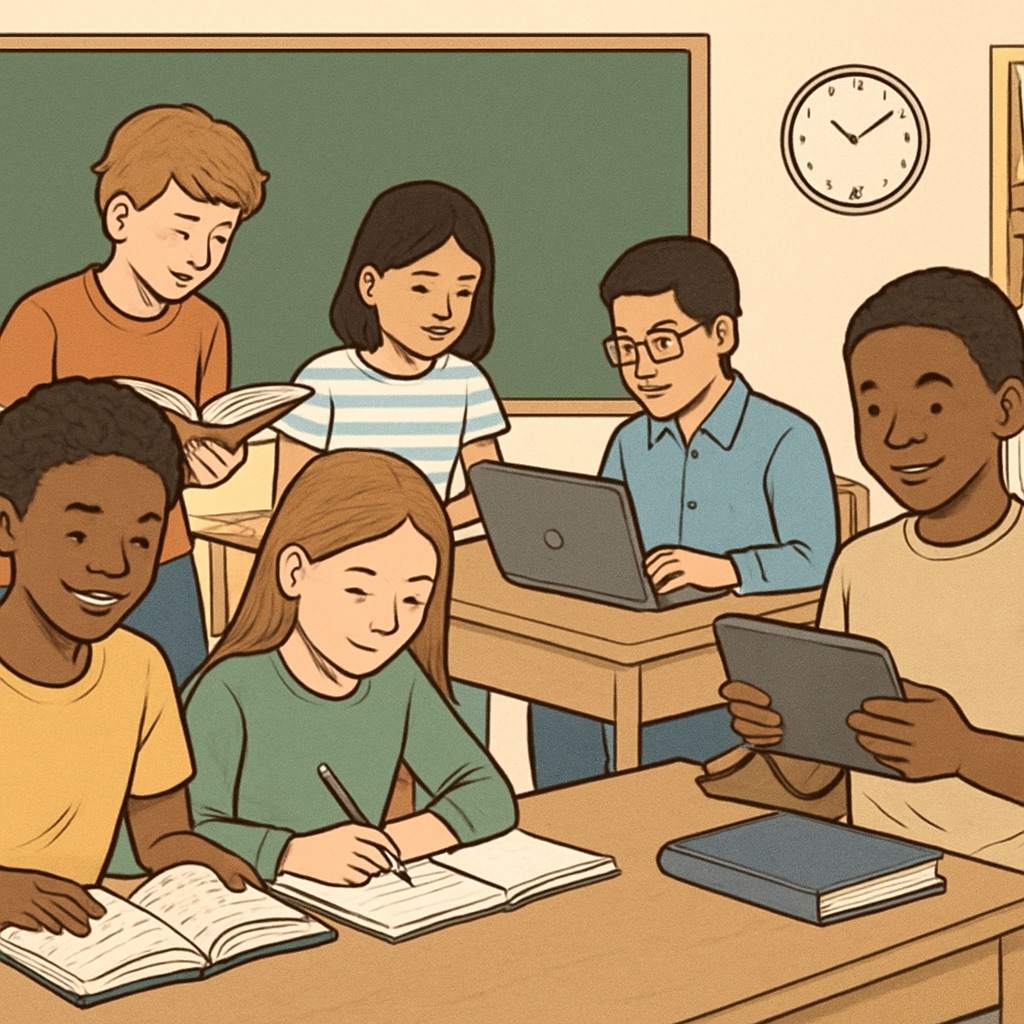 A diverse group of students engaging in various learning activities, such as reading, writing, and using digital devices, symbolizing different learning methods. Students engaging in diverse learning methods for a research survey on education.
