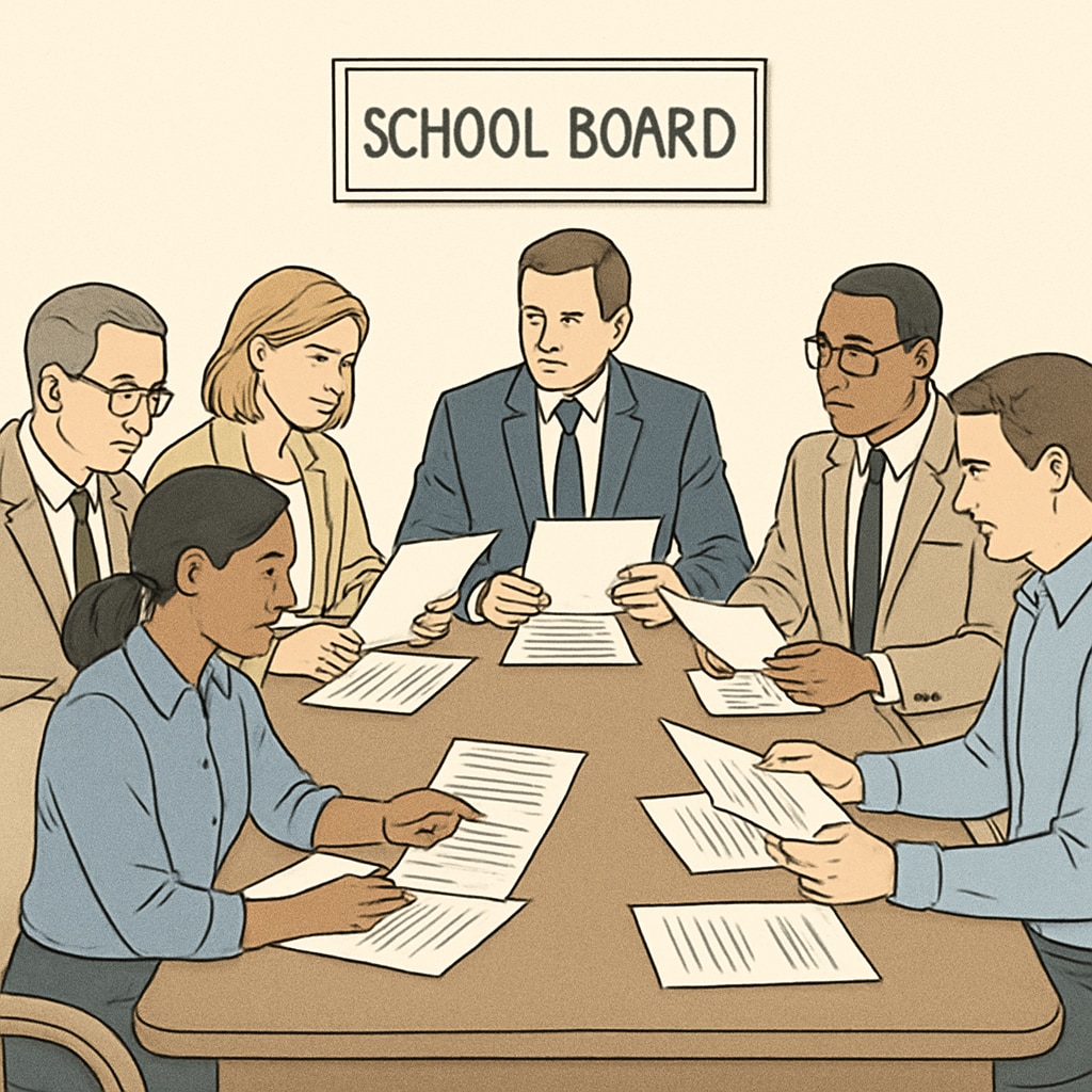 A close-up of a school board meeting, with members seated at a table reviewing documents. School board members discussing safety policies during a meeting.