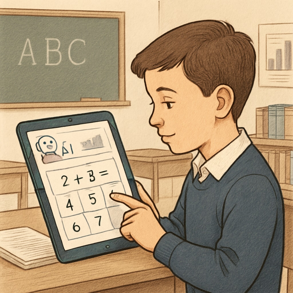 A student using an AI-driven learning platform on a tablet, showcasing personalized exercises tailored to their progress. A student engaging with an AI-powered personalized learning tool for K12 education.
