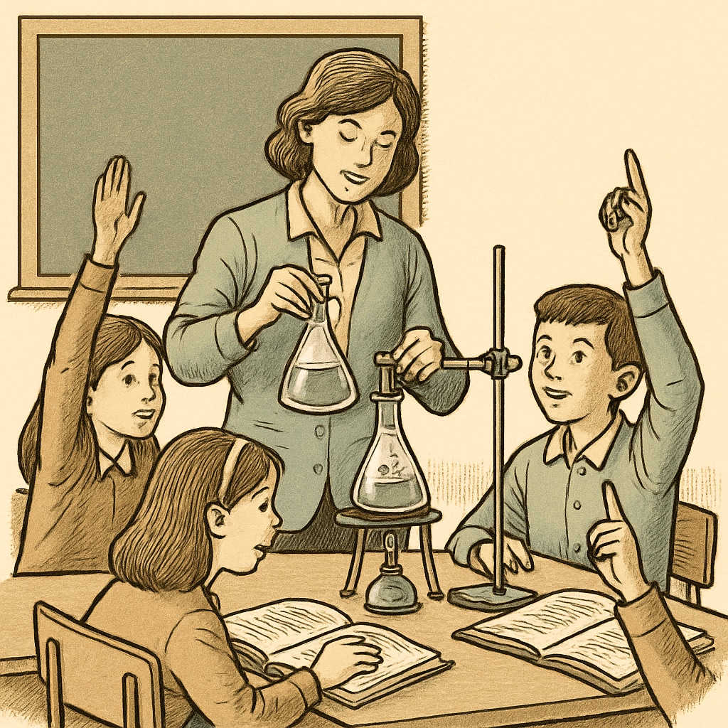 A teacher conducting a classroom experiment with students actively participating, representing interactive learning methods. Classroom experiment illustrating interactive learning methods for education research.
