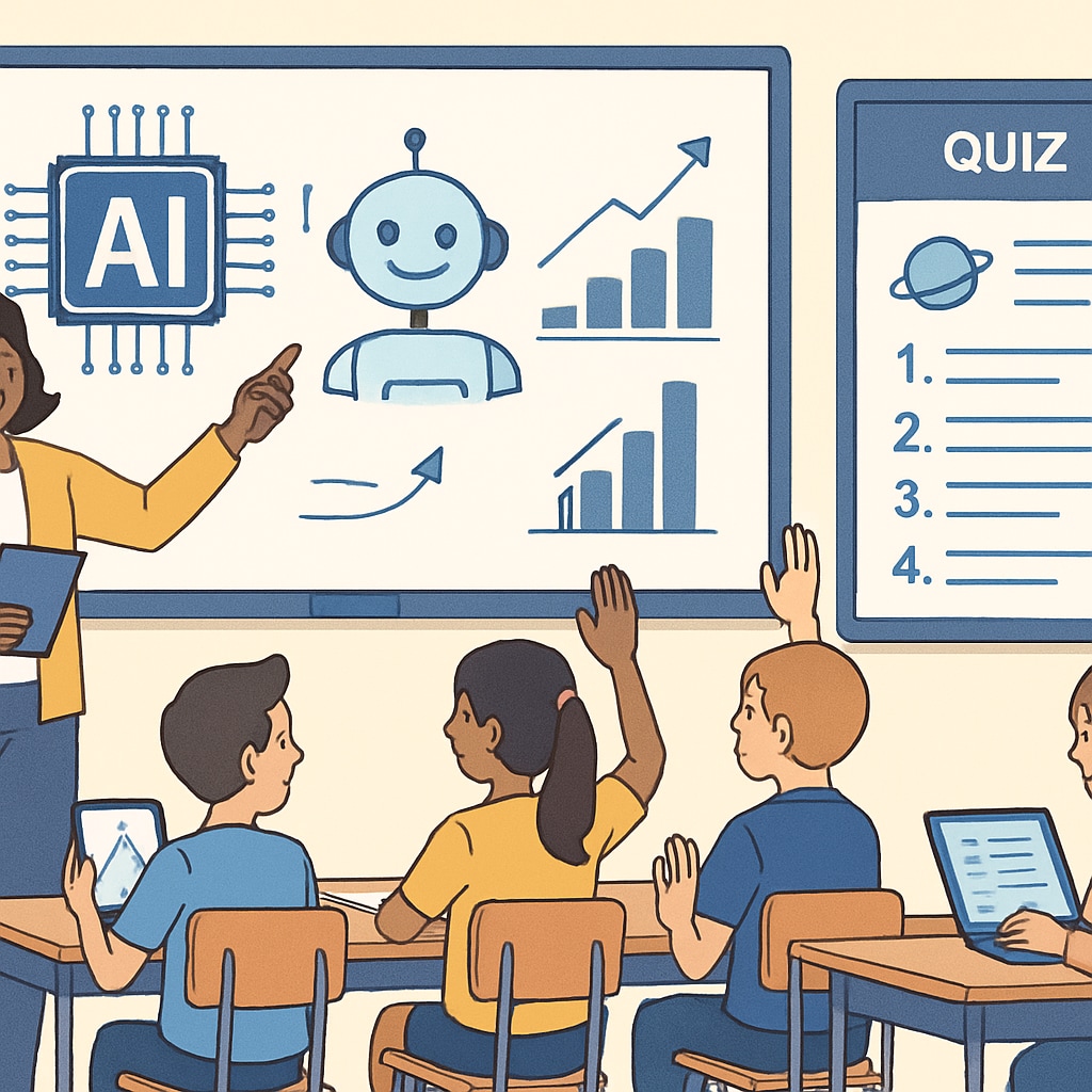 A modern AI-powered classroom with digital whiteboards, interactive learning tools, and engaged students. A futuristic classroom environment enhanced by AI technology in K12 education.