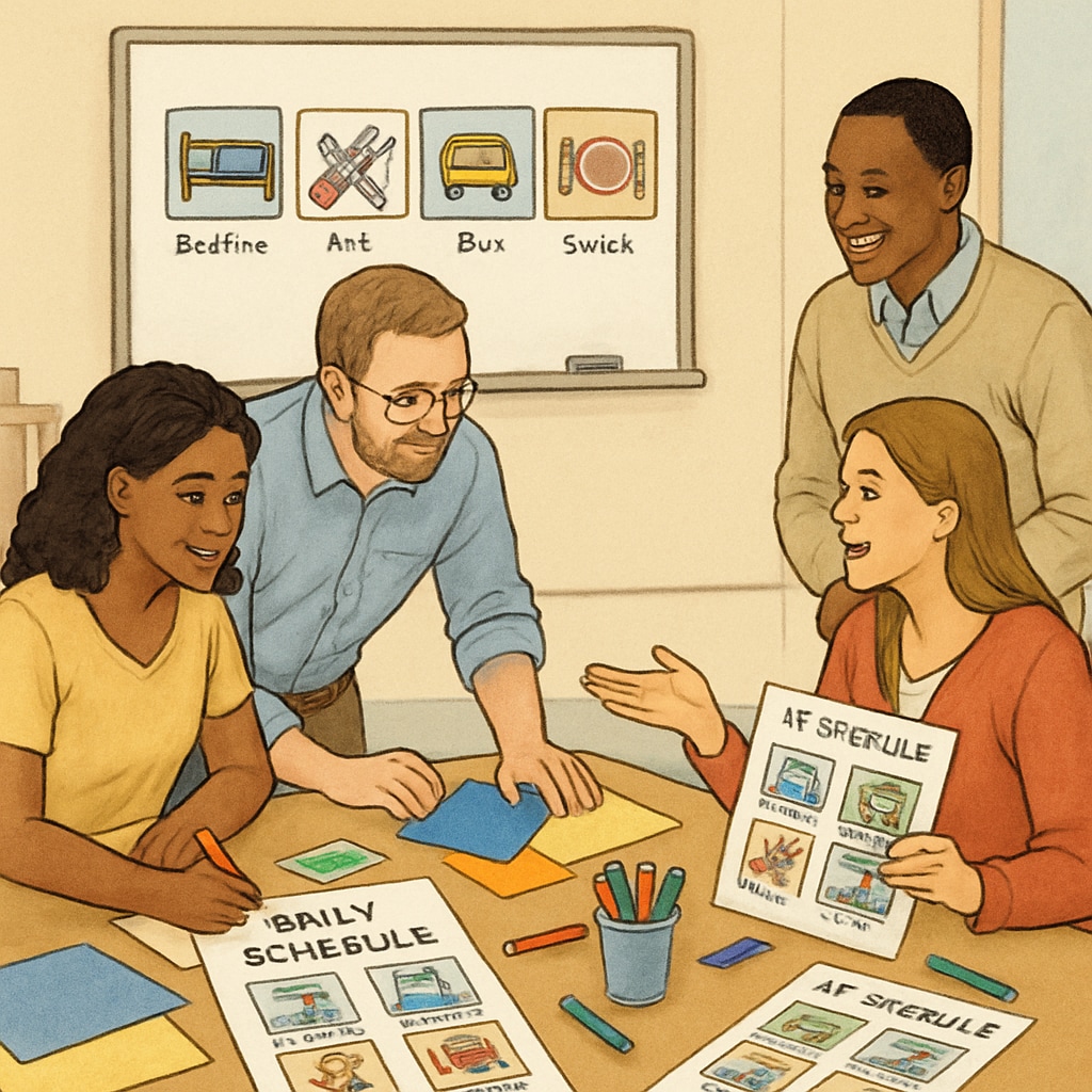 Parents and educators collaborating during a workshop to create visual schedules for ADHD children. Parents and educators creating visual schedules for children with ADHD.