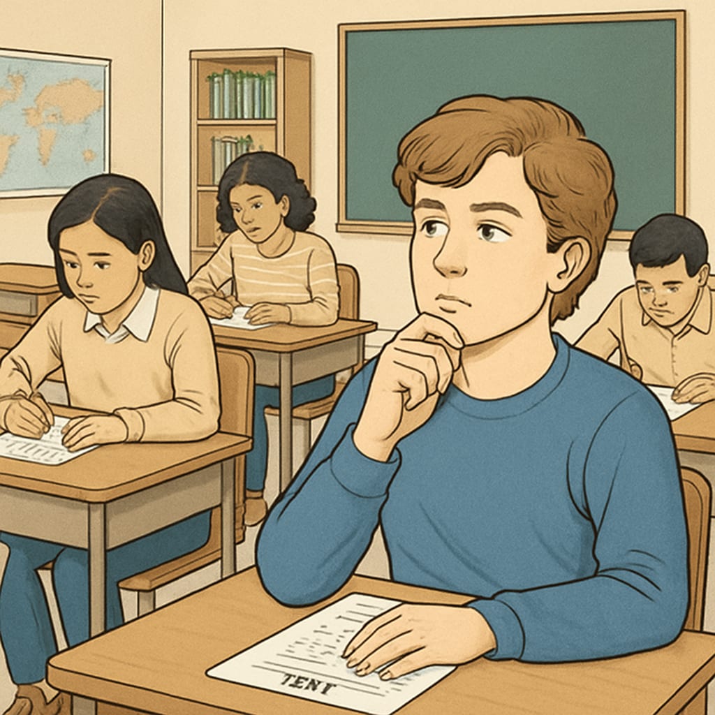 A classroom scene showing students taking a standardized test, with one student appearing distracted but deep in thought. ADHD student struggling with standardized testing in gifted program selection.