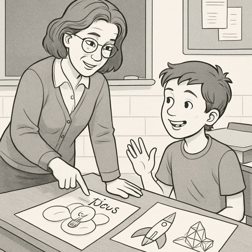 A teacher reviewing an ADHD student's creative and unconventional project ideas. Teacher evaluating ADHD student's innovative project for gifted education.