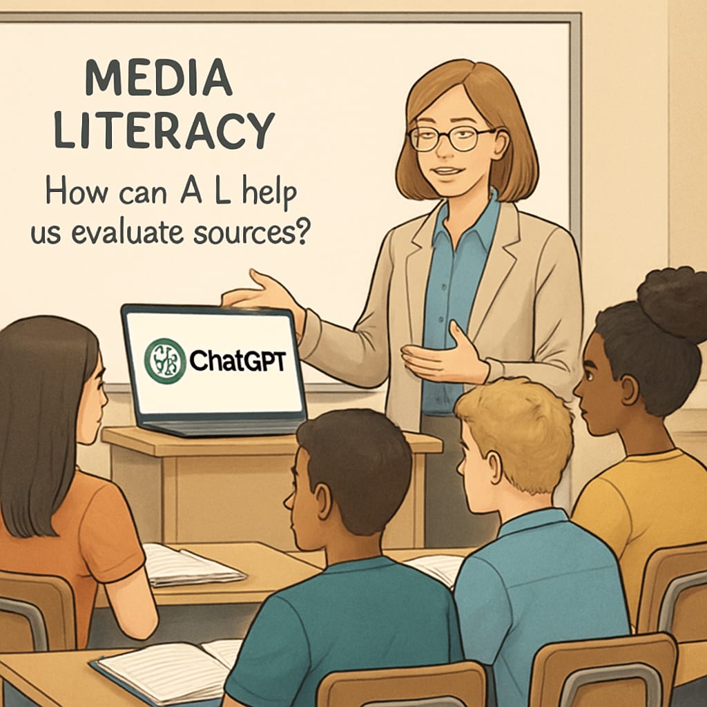 High school teacher using AI tools to teach media literacy in a classroom.