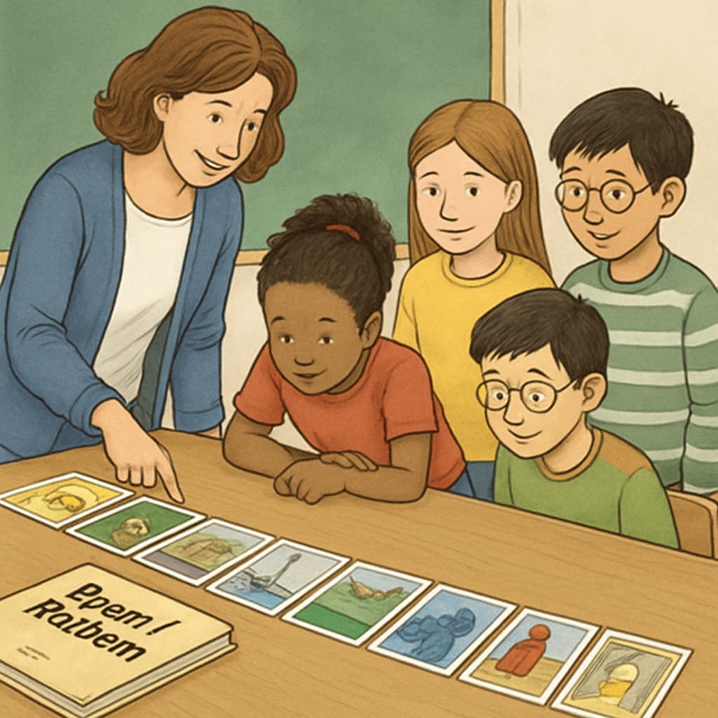 A teacher and students working together with Zoom/ReZoom materials, arranging visual cards in sequence. Teacher and students arranging Zoom/ReZoom cards in sequence.